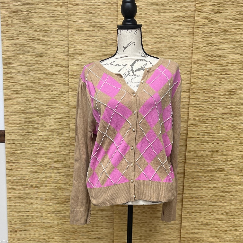 Charter Club Pink and Tan Argyle Cardigan